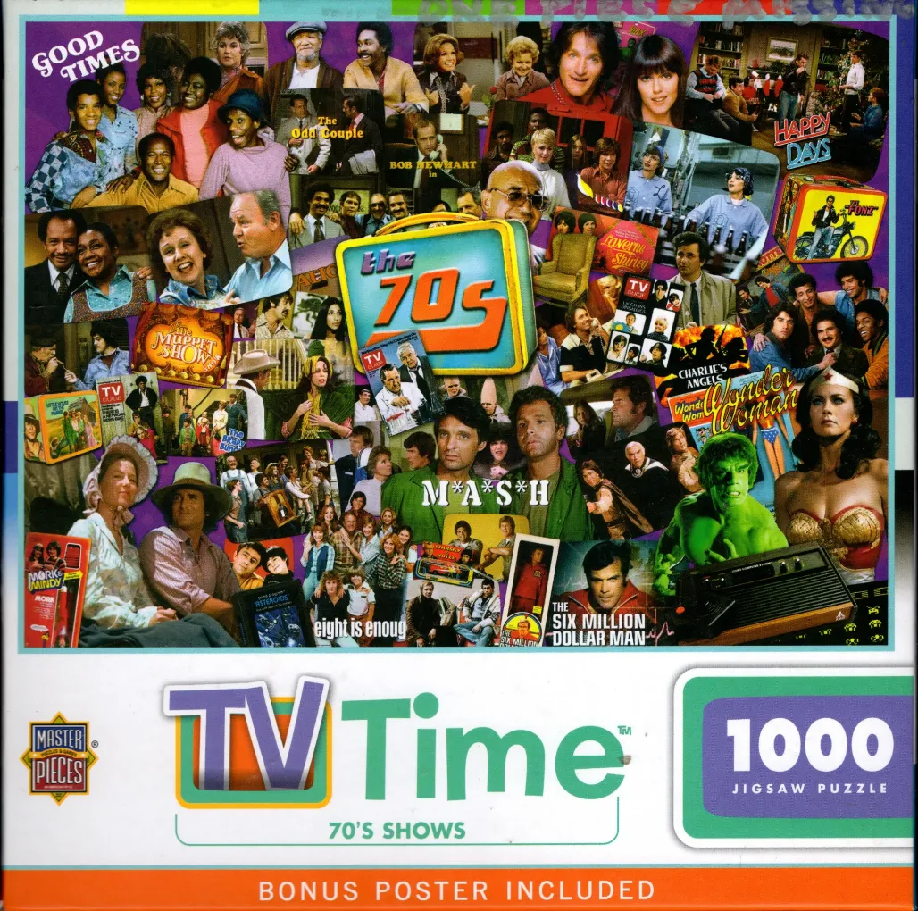 A collage of various 1970s television shows, actors, and pop culture icons.