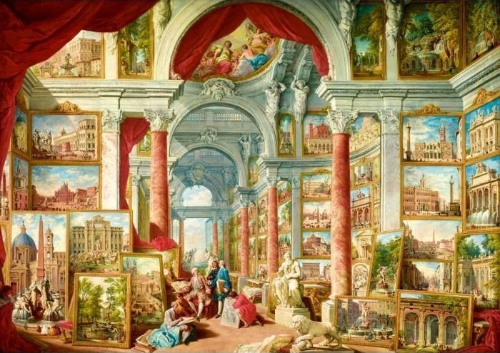 An opulent Italian gallery filled with framed architectural paintings and classical statues.