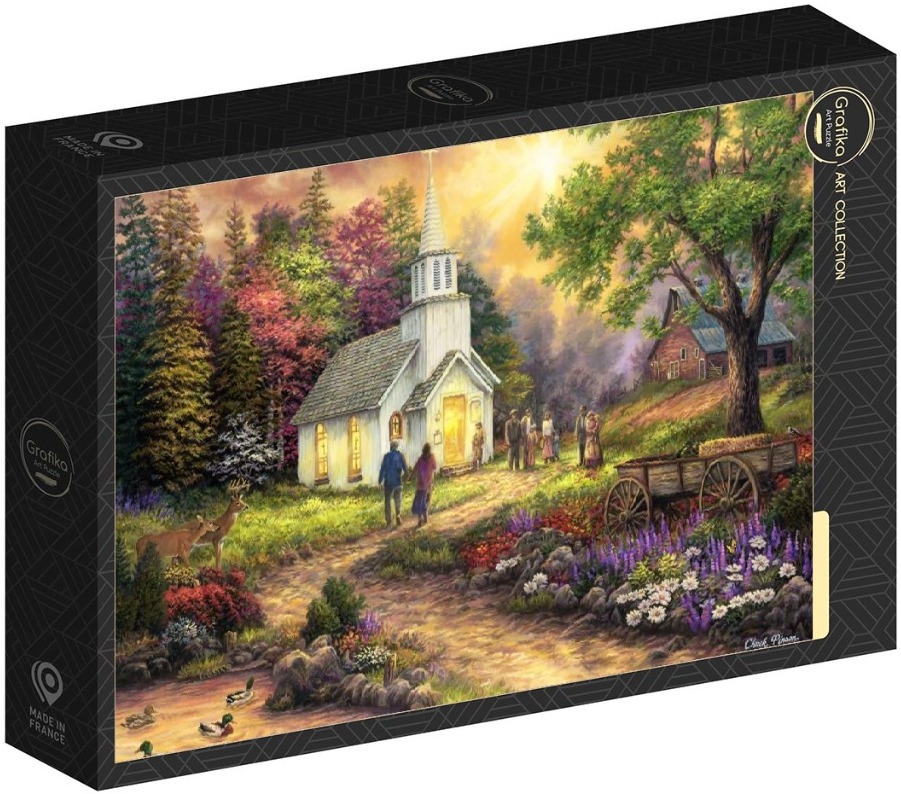 A warm, sunlit painting of a small white church in a forest setting with a dirt path, deer, and a horse-drawn wagon.