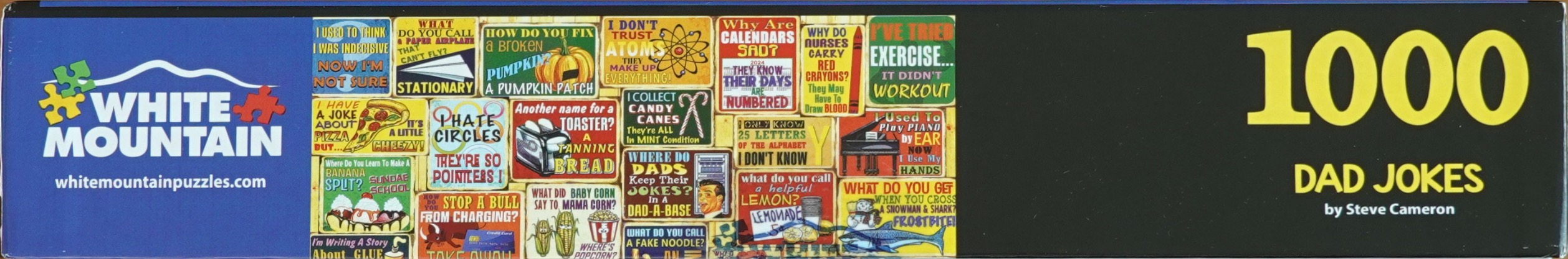 A collage of humorous signs featuring dad jokes on a dark background.