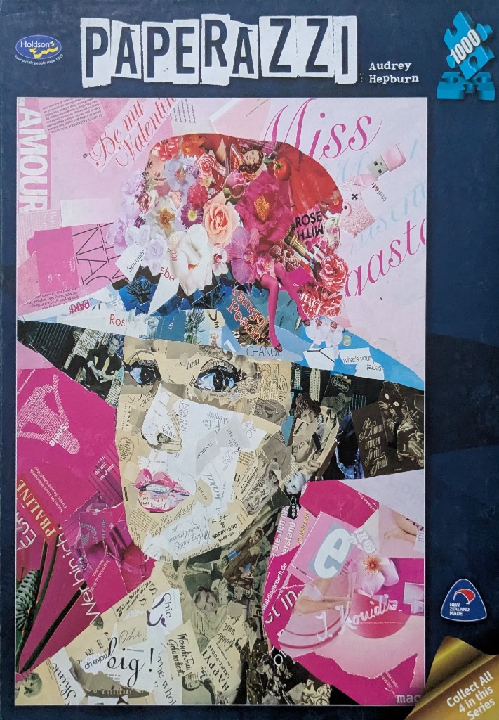 A mixed-media collage portrait of Audrey Hepburn constructed from magazine scraps and floral cutouts in shades of pink.