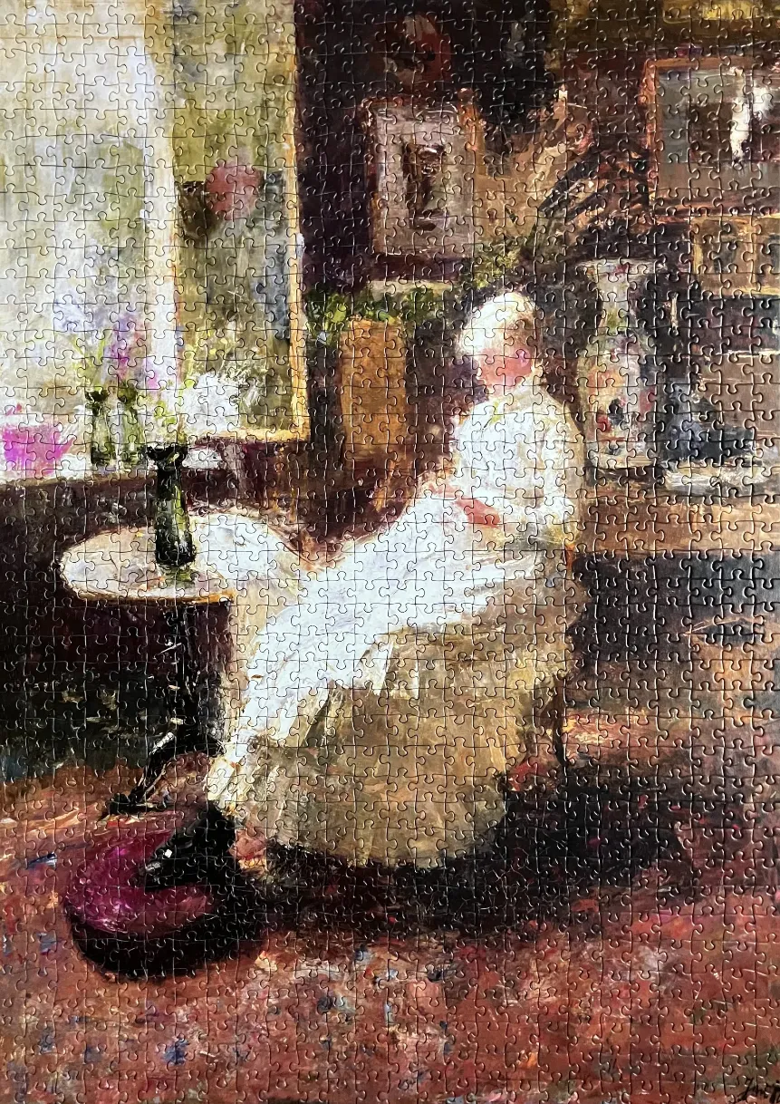 An impressionist painting of a woman in a white dress sitting in a sunlit interior.