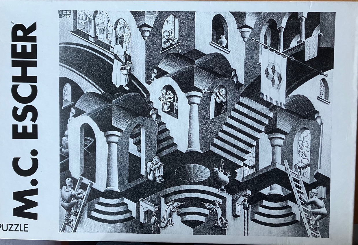 A black and white lithograph featuring an M.C. Escher-style impossible architectural scene with stairs, arches, and figures.