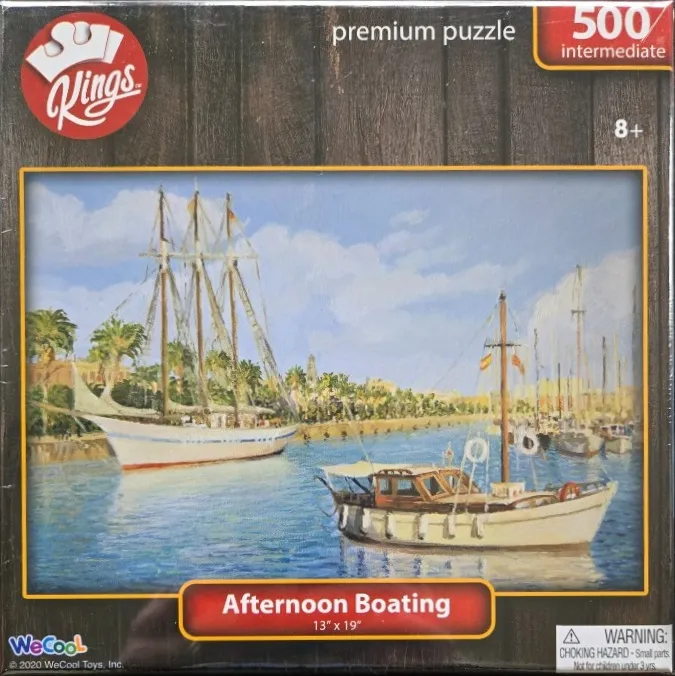 An oil painting of two boats in a harbor with palm trees and a shoreline in the background.