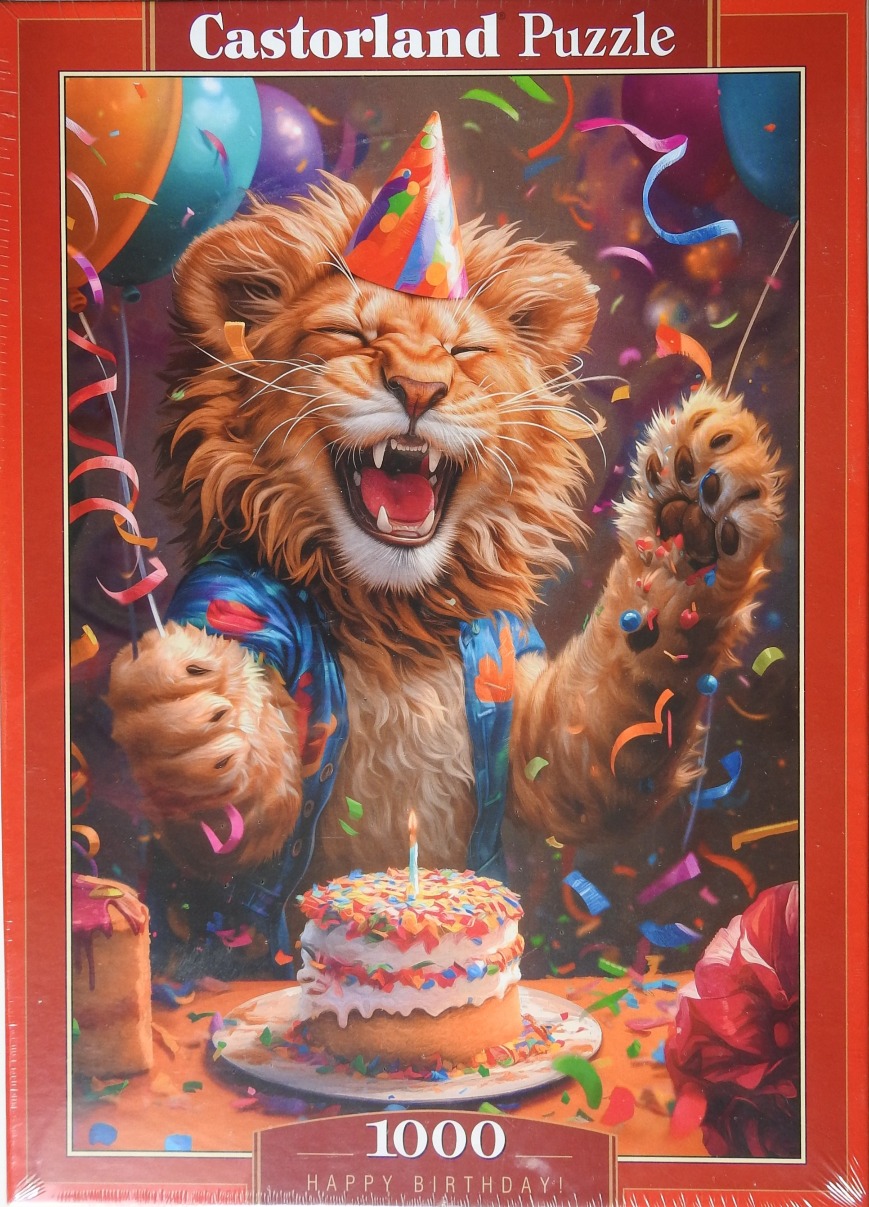 A joyful lion wearing a party hat celebrates at a birthday party with cake and confetti.