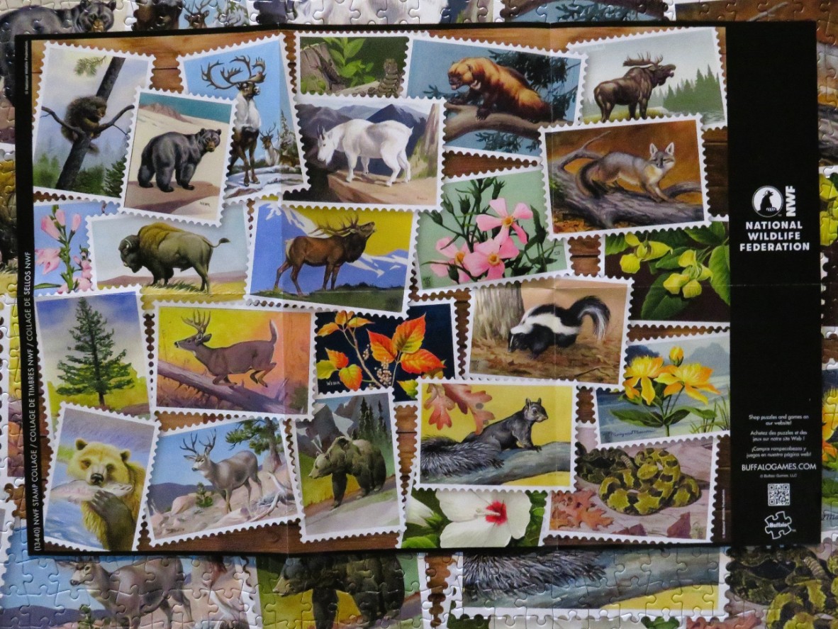 A collage of individual wildlife illustrations styled as postage stamps featuring North American animals and plants.