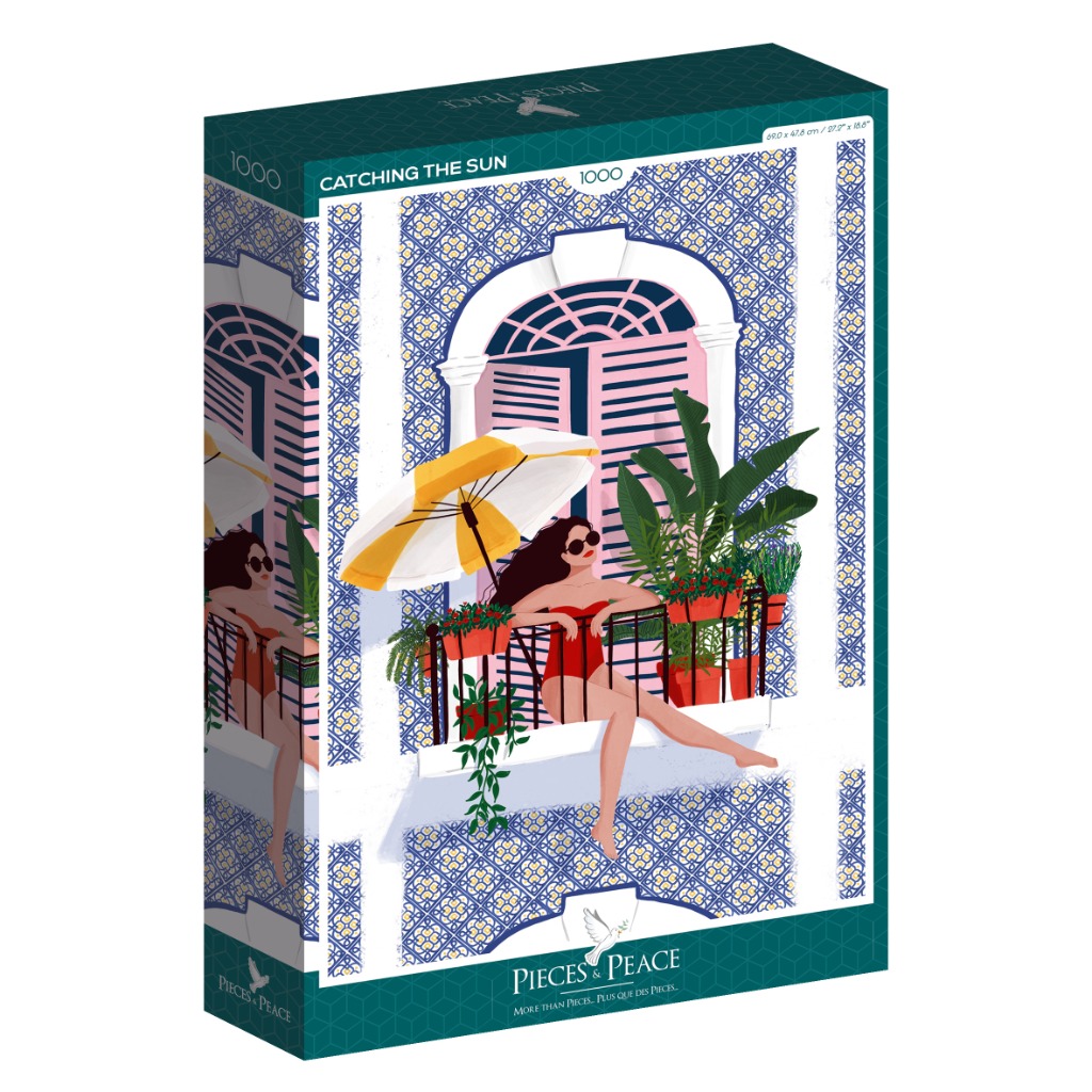 A woman in a red swimsuit relaxing on a balcony with blue and white tiled walls, a yellow umbrella, and potted plants.