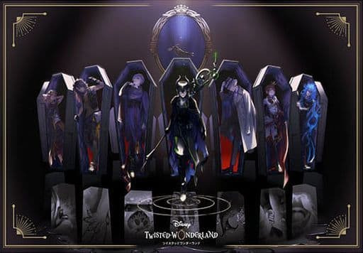Seven anime-style characters standing in upright coffins arranged in a semi-circle with a central hooded figure.