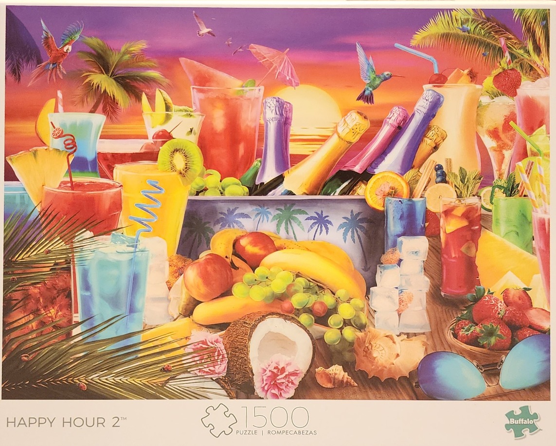 A tropical sunset scene featuring an array of colorful cocktails, champagne bottles, fresh fruit, and exotic birds.