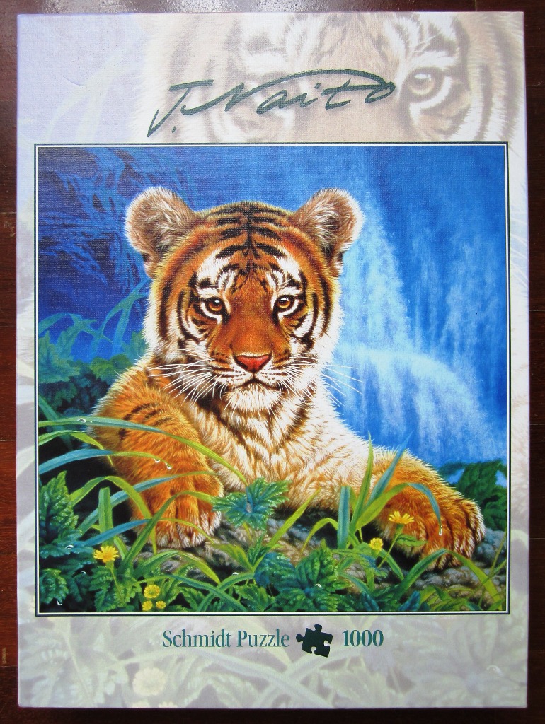 A detailed painting of a tiger cub resting in lush, green foliage in front of a waterfall.