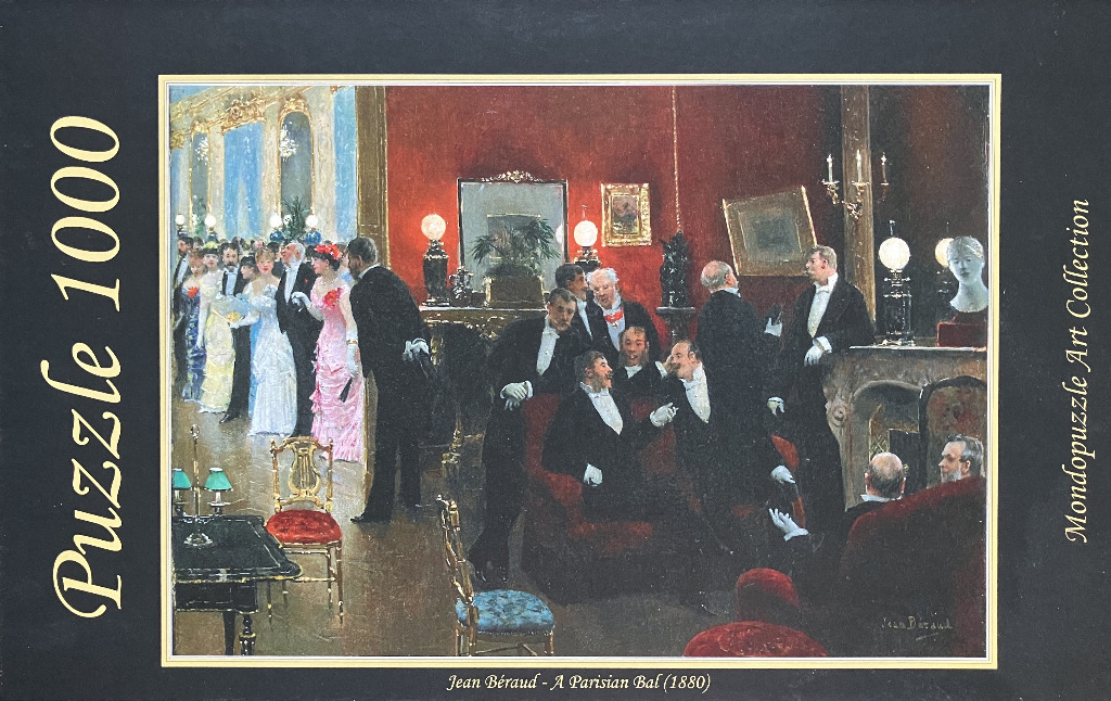 Oil painting of an 1880 Parisian ballroom scene featuring elegantly dressed guests socializing in a red-walled salon.