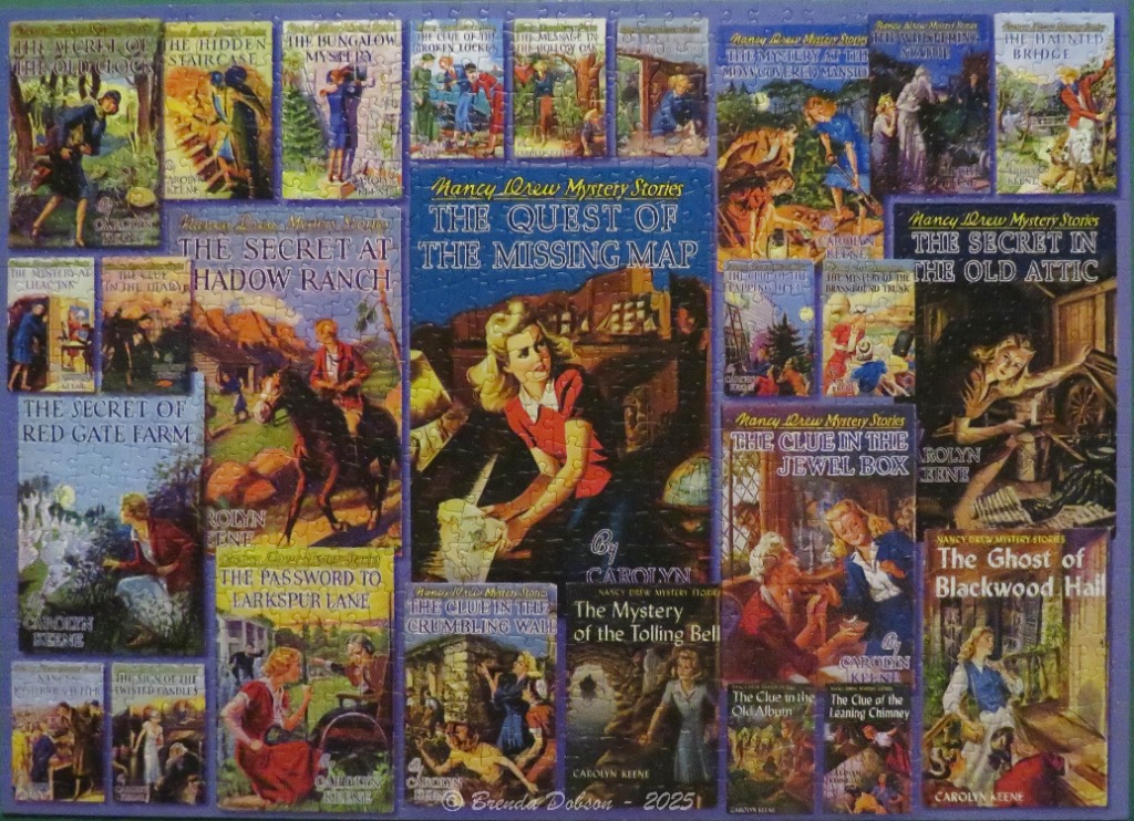 Collage of various Nancy Drew mystery book covers featuring illustrations of the titular detective in action.