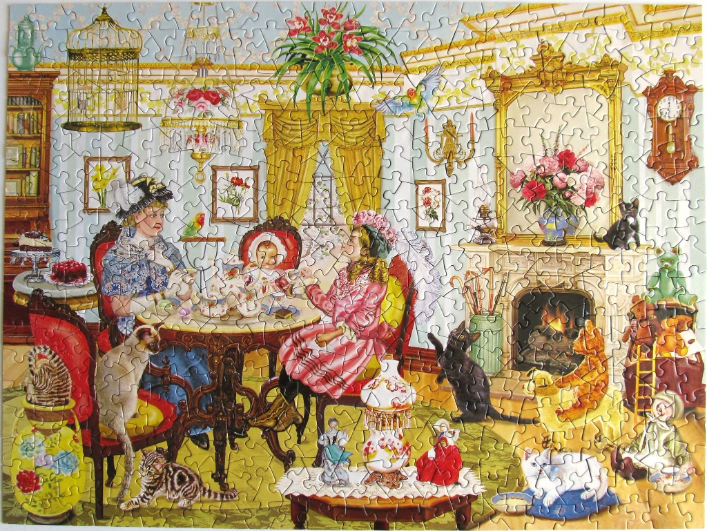 A detailed illustration of a cozy Victorian-era room filled with tea-drinking figures, pets, and ornamental decor.