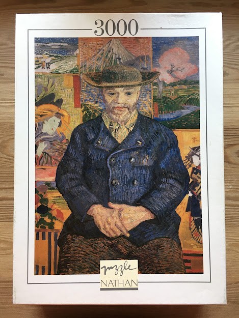 A post-impressionist portrait of a man in a blue coat against a background of Japanese-style woodblock prints.