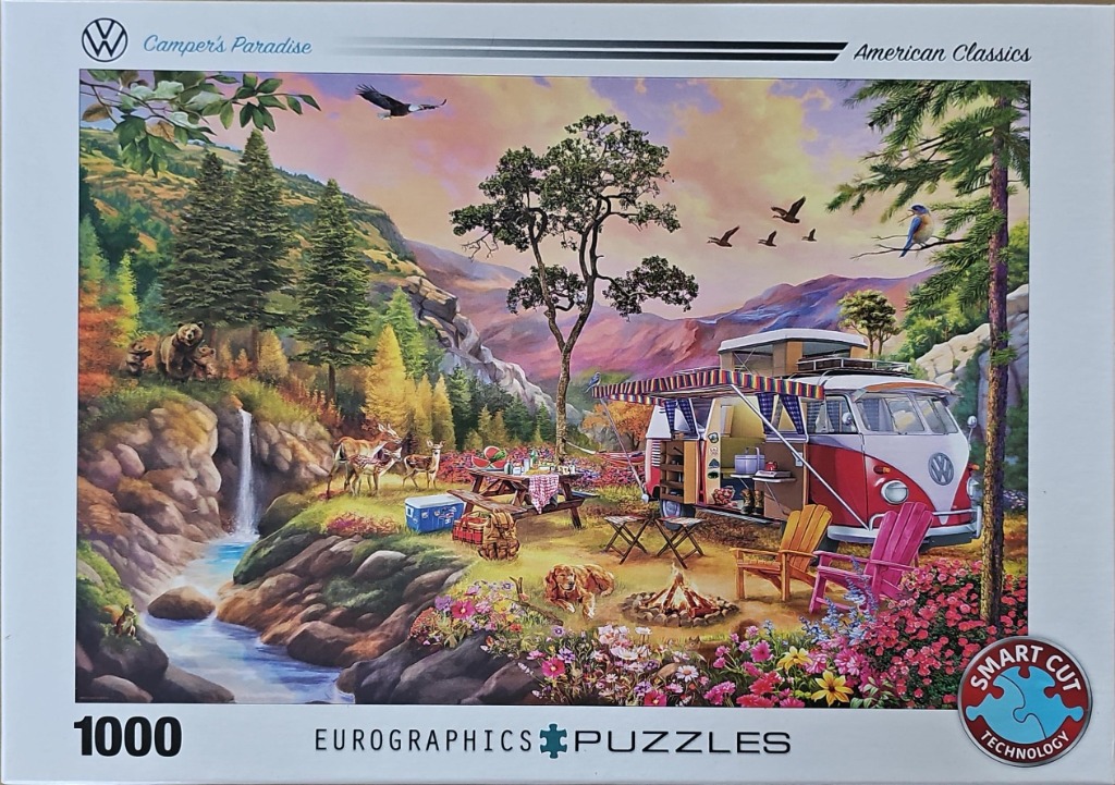 A vintage red and white camper van parked by a mountain stream with wildlife and a campfire.