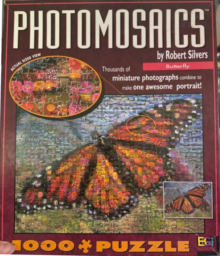 A photomosaic image of a monarch butterfly created from thousands of smaller, colorful photographs.