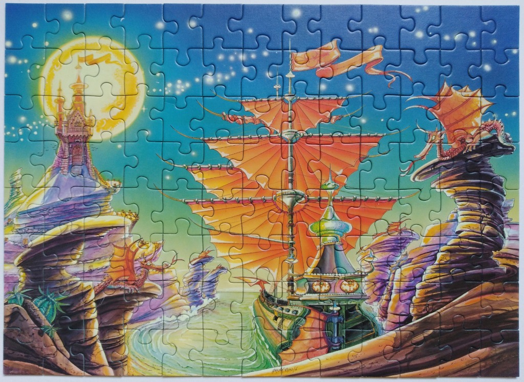 A fantasy illustration of a sailing ship with orange sails anchored near a castle under a full moon.