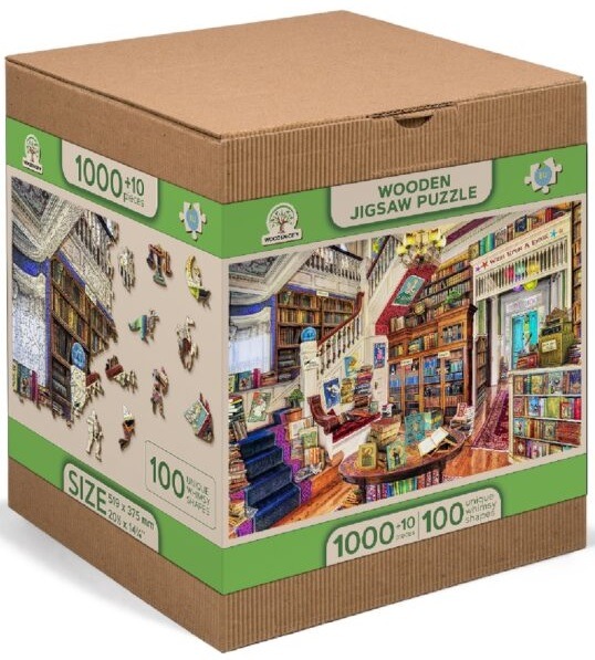 A cozy, detailed illustration of an expansive library featuring a grand staircase and shelves filled with books.