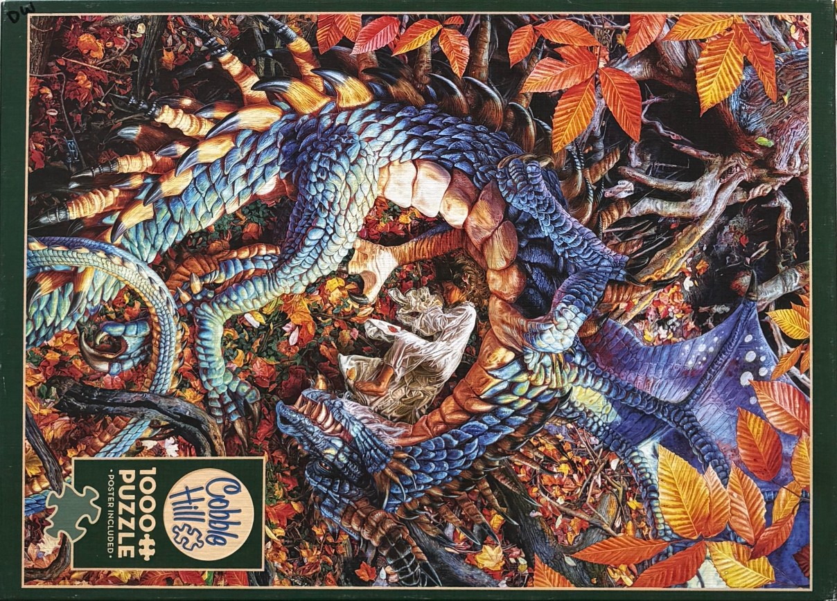A detailed fantasy illustration of a blue dragon coiled around a person in a forest floor covered in autumn leaves.