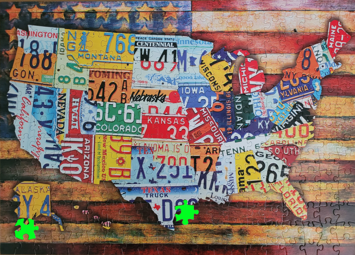 A map of the United States formed by a collage of vintage license plates against an American flag background.