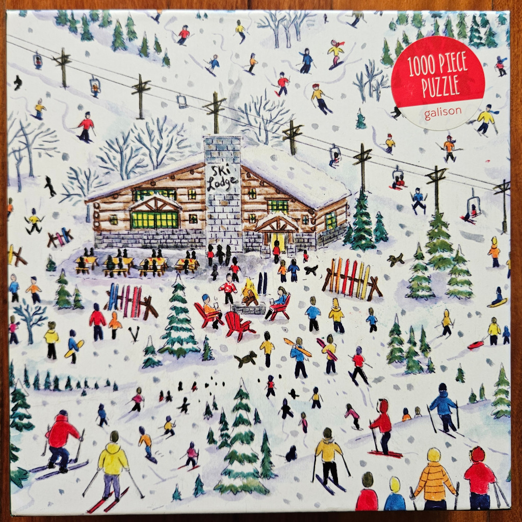 An illustrated, wintery ski resort scene with a central lodge, ski lift, and many people enjoying snow activities.