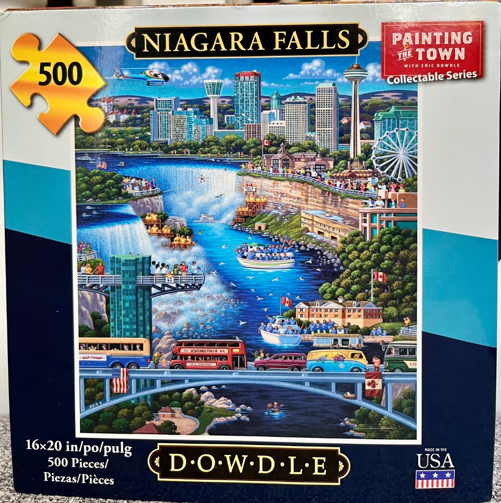 A whimsical folk-art illustration of Niagara Falls featuring a city skyline, tour boats, and a bridge.