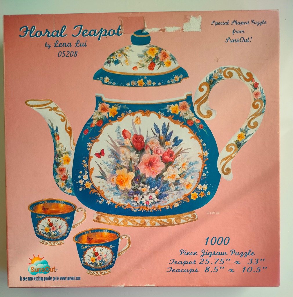A vintage-style illustration of a decorative teal and white porcelain teapot with a lid and two matching teacups.