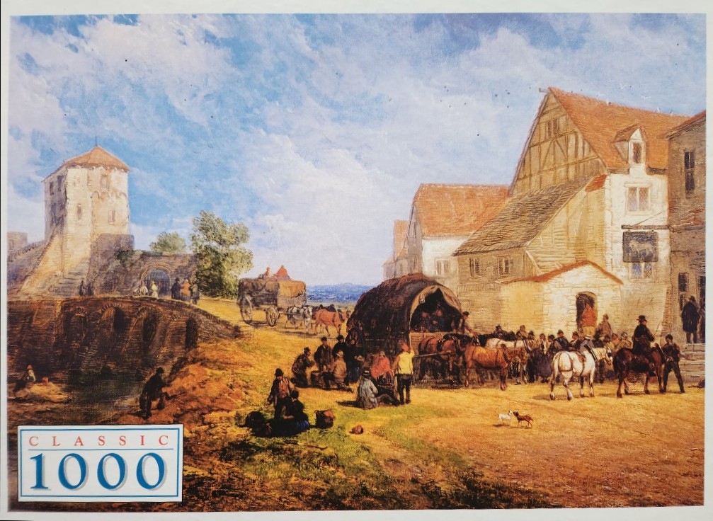 An oil painting of a busy 19th-century English village scene with horse-drawn carriages, a stone bridge, and old buildings.