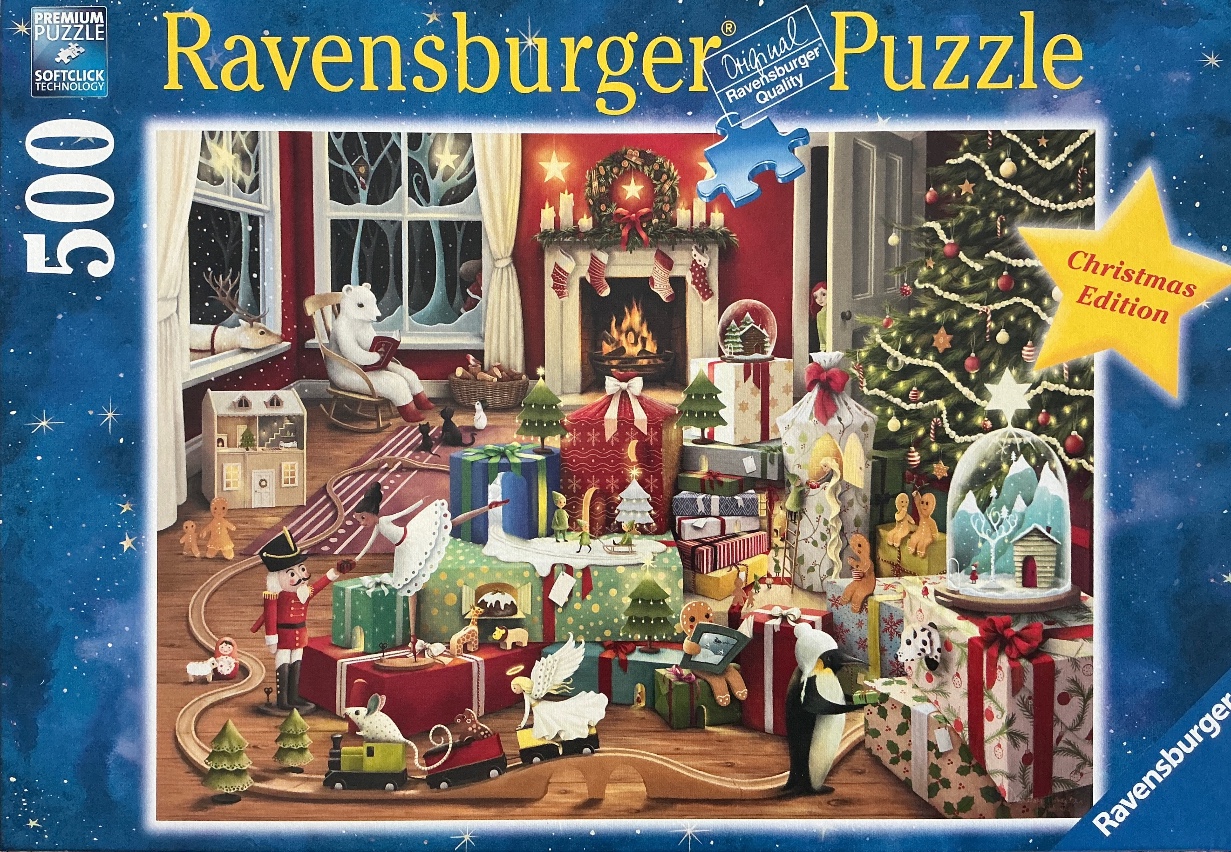 A whimsical Christmas scene featuring a polar bear, a nutcracker, and many wrapped gifts in a cozy room.