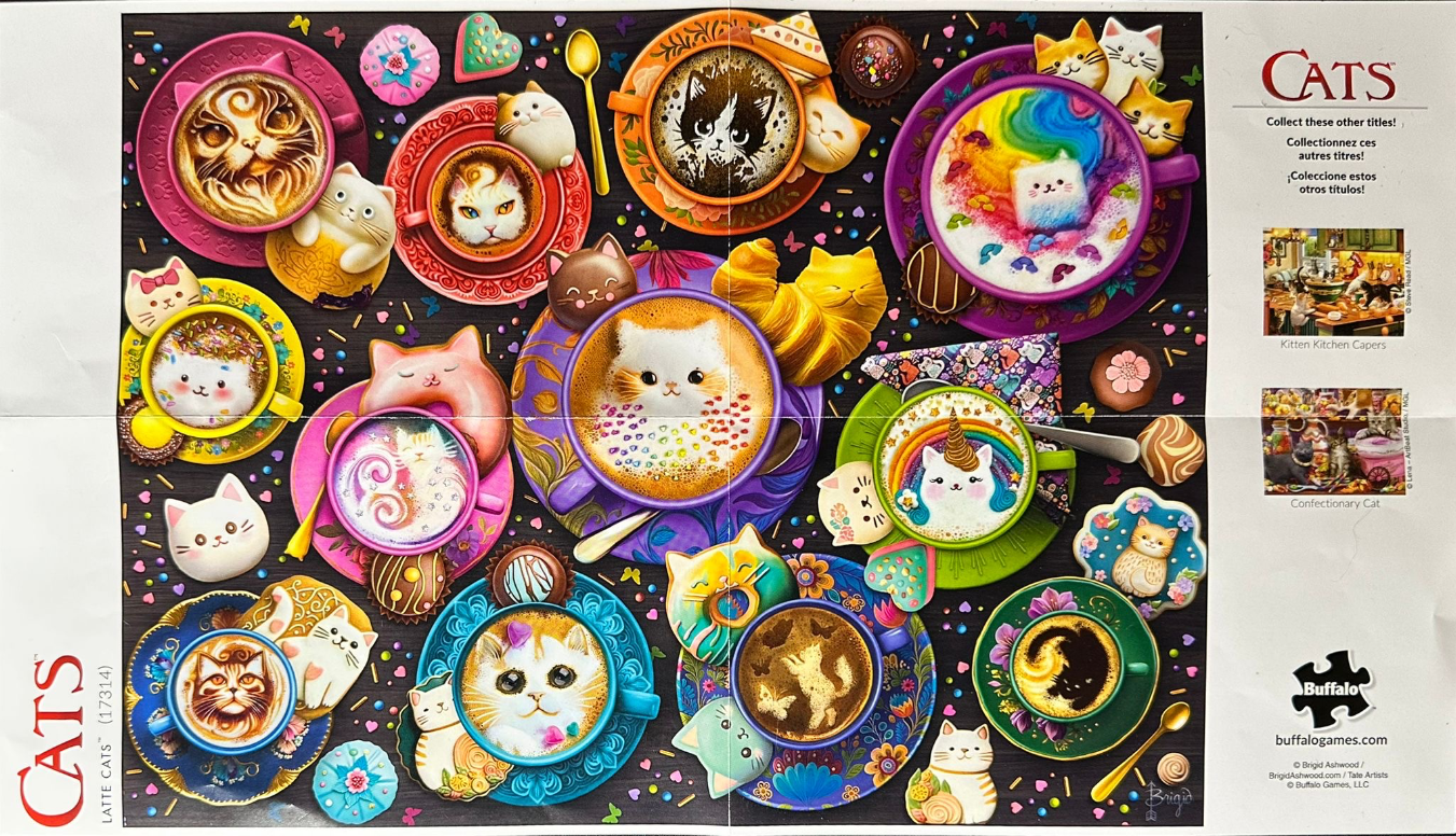 A whimsical collection of latte art featuring cats, interspersed with cat-shaped pastries on a dark wooden surface.