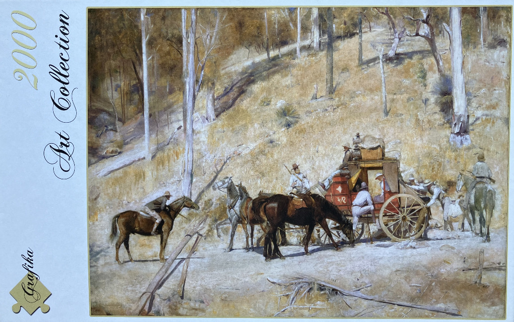 An oil painting of a horse-drawn stagecoach resting in a dry, sun-drenched Australian eucalyptus forest.