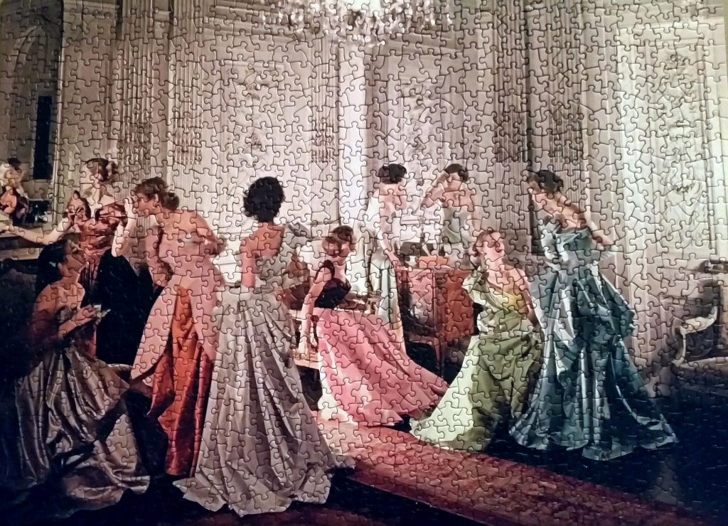 A group of elegant women in evening gowns getting ready in a grand, ornate room.