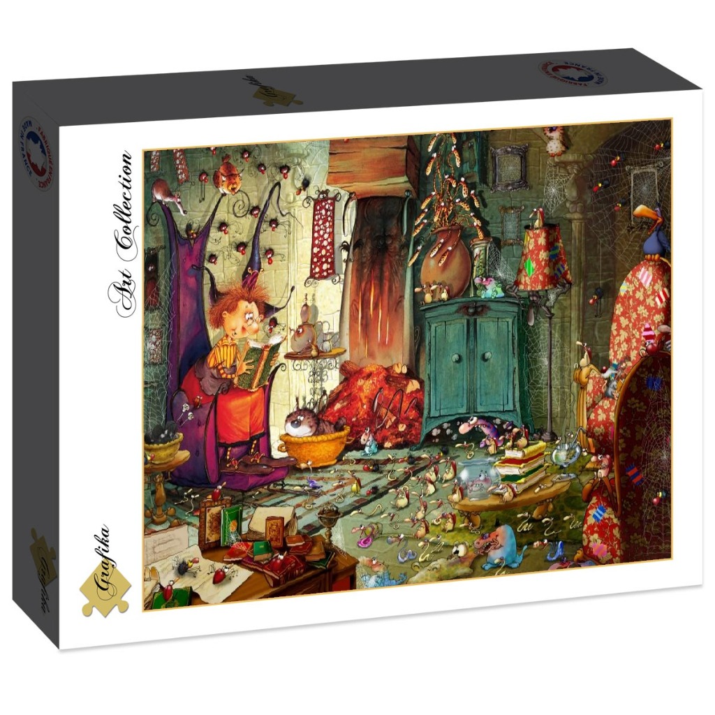 Whimsical illustration of a wizard reading in a cluttered, magical room filled with small creatures.