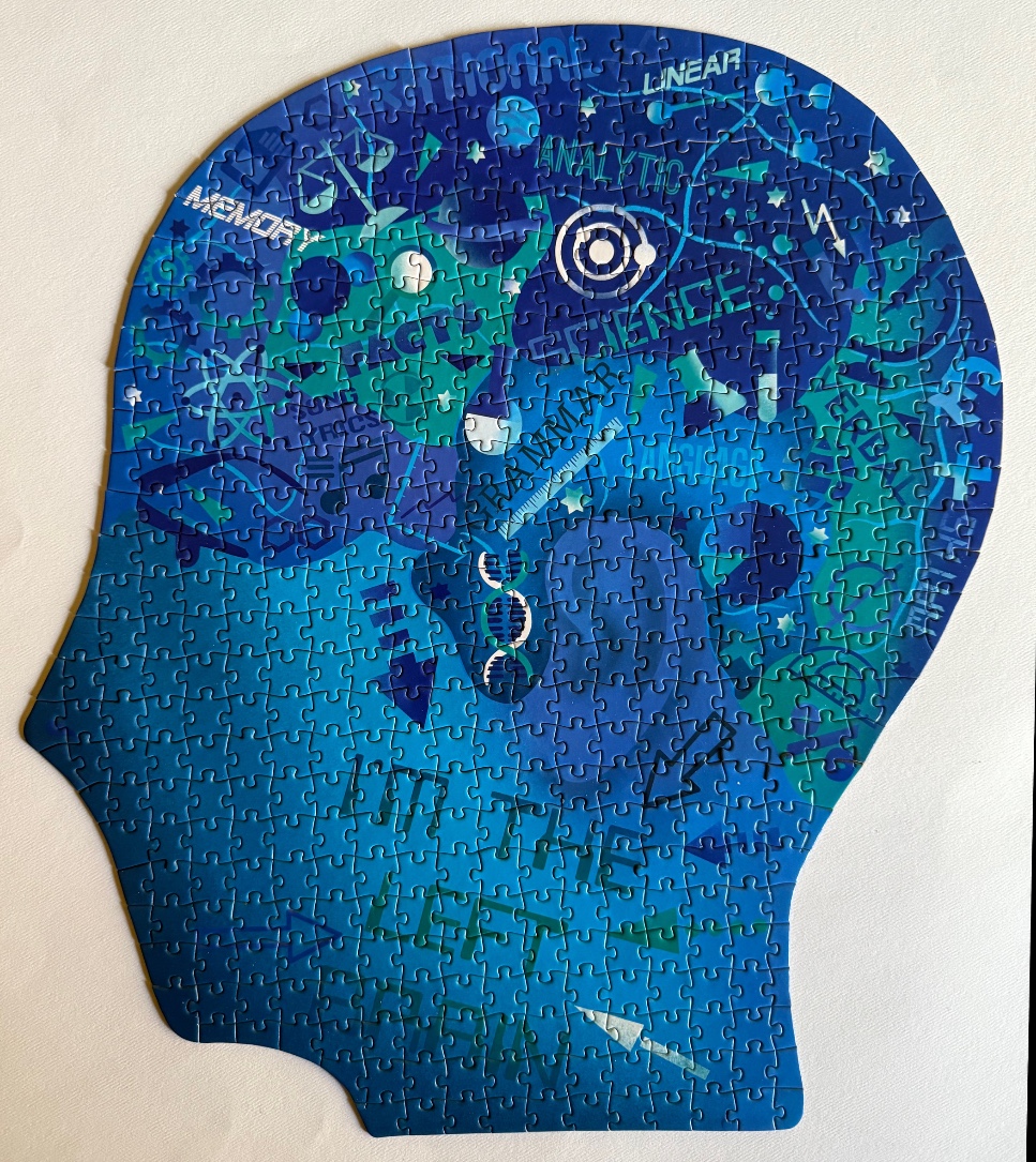 Side profile of a human head filled with scientific, logical, and linguistic text and symbols in shades of blue.