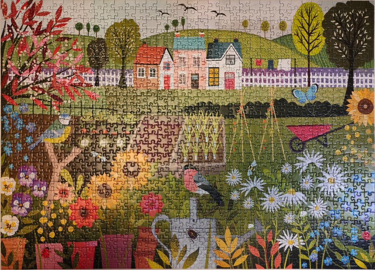 A whimsical illustration of a lush cottage garden with houses, birds, and blooming flowers.