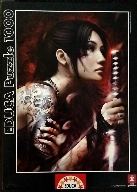 A digital painting of a dark-haired woman with a traditional Japanese tattoo holding a katana sword.