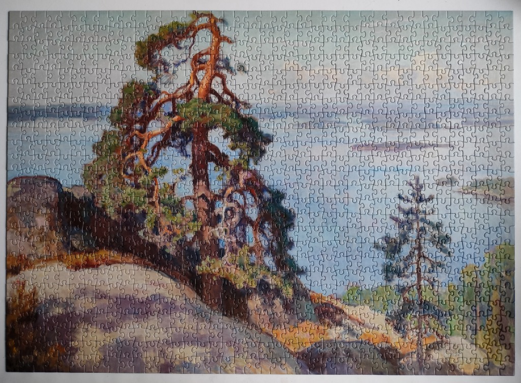 An impressionist painting of a lone, gnarled pine tree overlooking a calm lake and distant horizon.