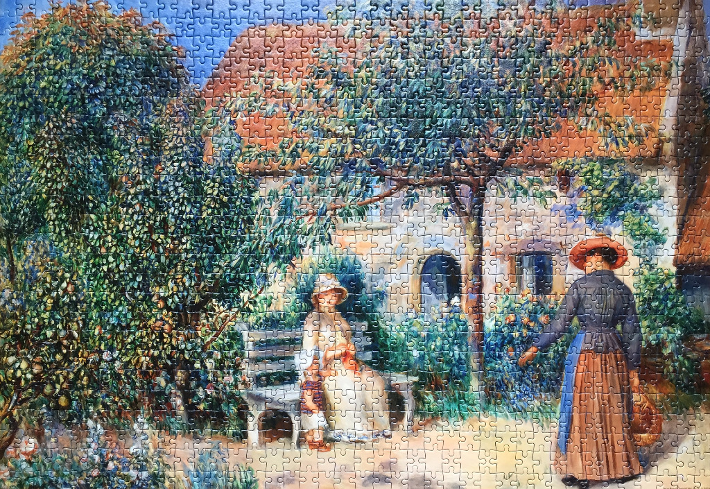 Impressionist painting of two women in a sun-drenched garden setting with a stone cottage