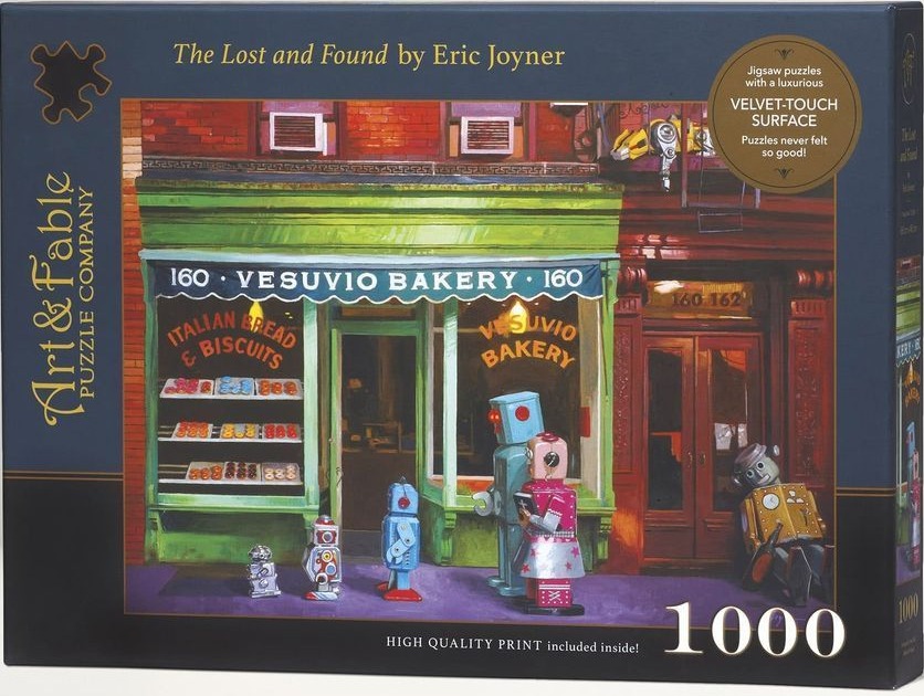 A street-level painting of Vesuvio Bakery with several vintage-style tin toy robots interacting in front of the shop.