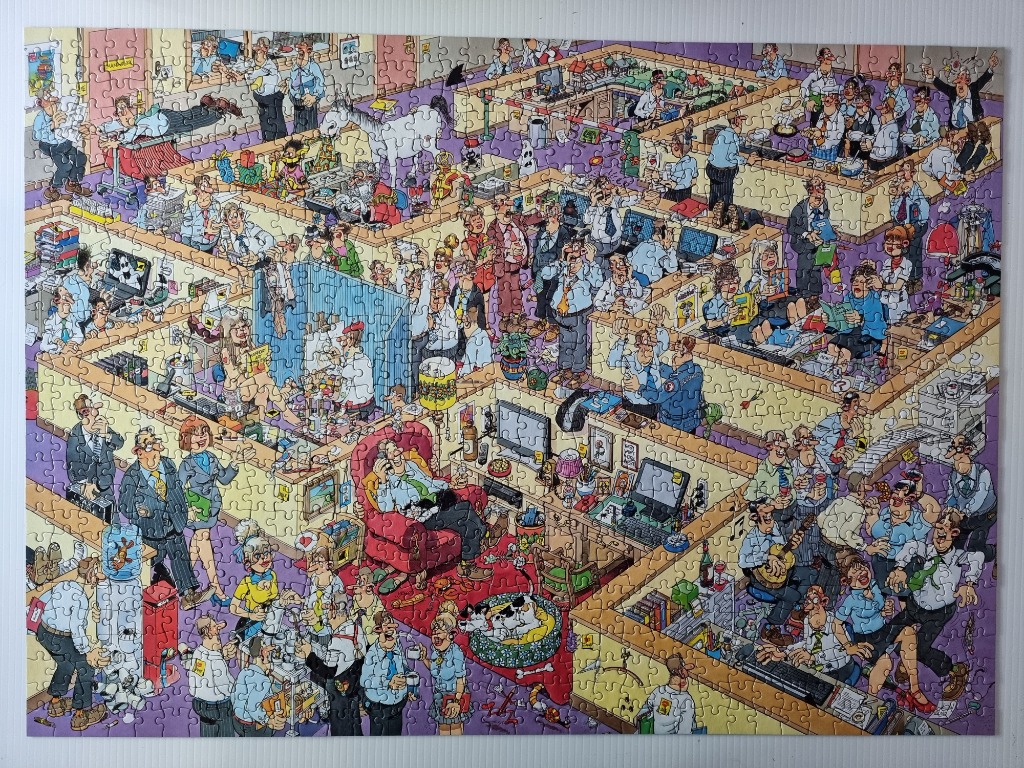 A humorous, densely populated illustration of a chaotic, multi-level office environment filled with absurd activities.