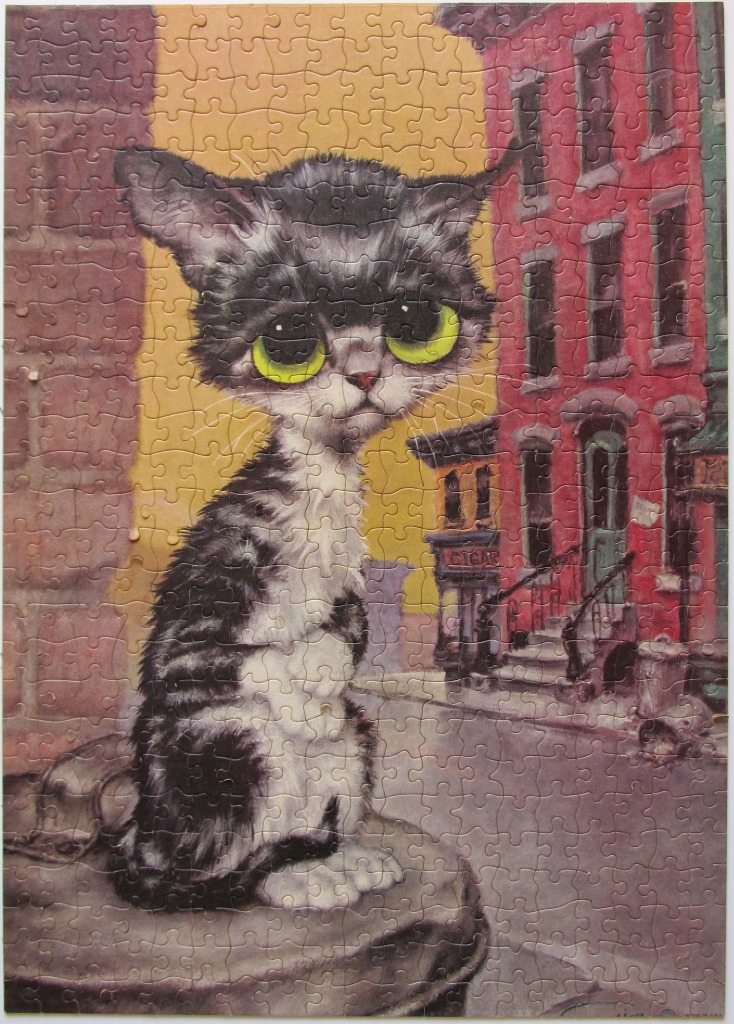 An illustration of a wide-eyed, fluffy black and white kitten sitting on a trash can in a city street.