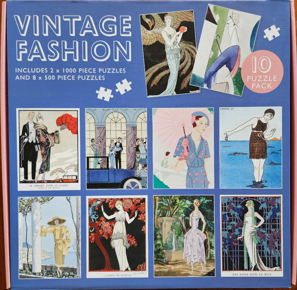 A collection of ten art deco fashion illustrations featuring stylized women in vintage clothing.