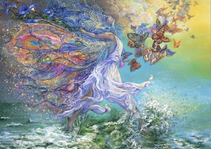 A fairy with iridescent wings strides through ocean waves, surrounded by a swirling cloud of colorful butterflies.