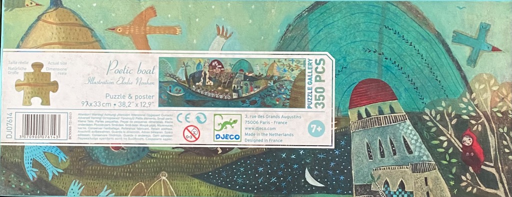 Whimsical boat scene with colorful birds, moon, and a tower.
