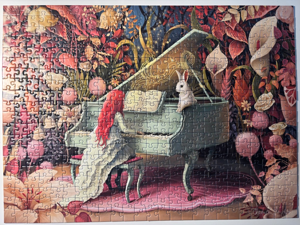 An illustration of a red-haired girl playing a grand piano in a magical garden with a white rabbit.