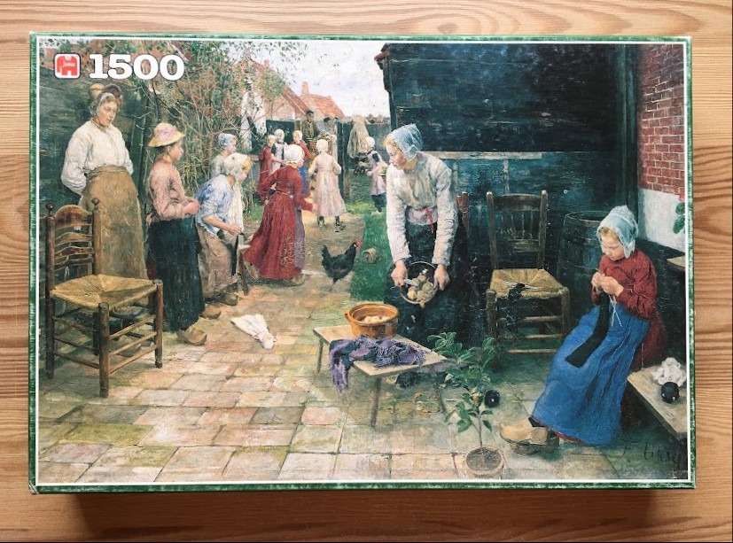 A detailed oil painting of women and children in a rural courtyard, depicted in a 19th-century folk style.
