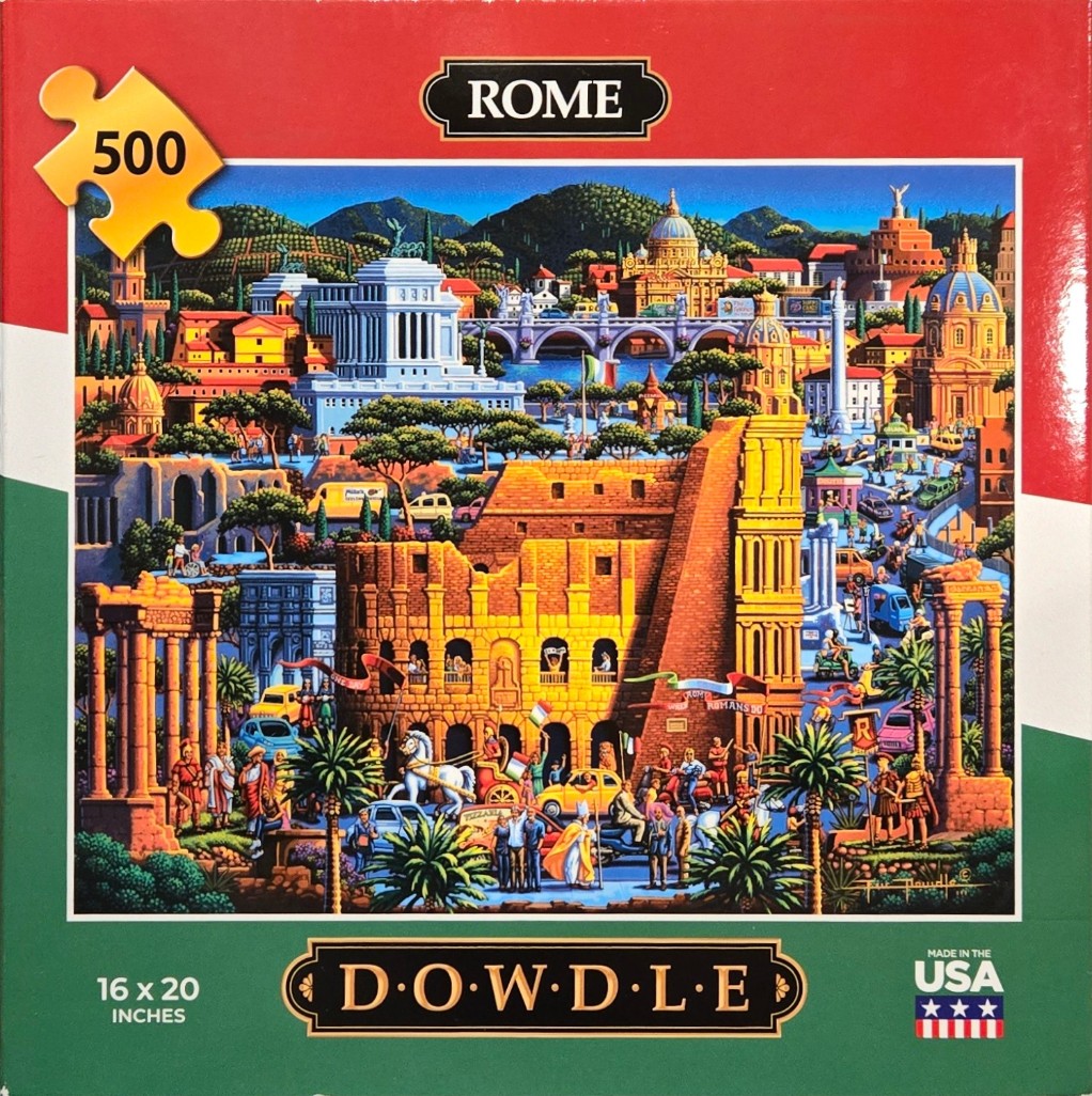 A whimsical, detailed folk art illustration of the city of Rome featuring the Colosseum, historical monuments, and crowds.