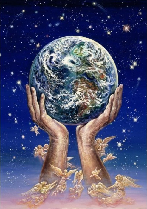 Two giant hands holding the Earth against a starry sky with small angels flying around the wrists.