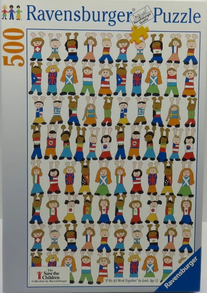 Cartoon illustration of many children from different countries holding hands in a grid formation.