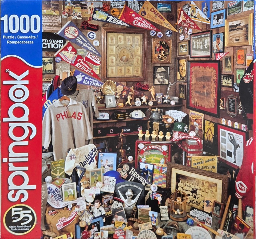 A dense collage of vintage baseball memorabilia including jerseys, pennants, framed photos, and collectibles.